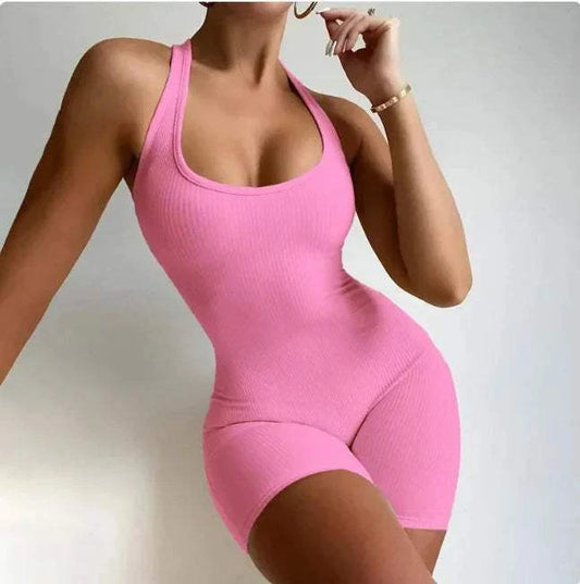 Flex Fit Women's Backless Yoga Jumpsuit sleeveless one-piece workout romper made of stretch fabric in black color